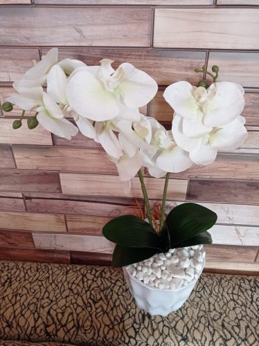 Orchidea selyemvirág műanyag kaspóban - fehér