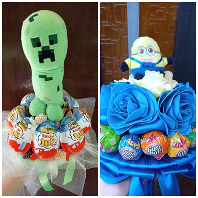 Figurával és édességgel kombinált ballagási csokrok (Minecraft-Kinder Joy, Minion-nyalóka)